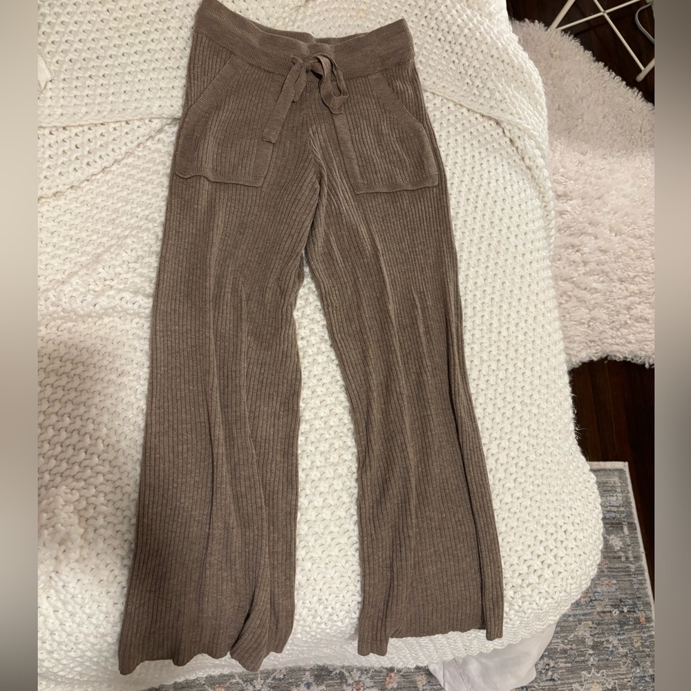 Splendid Light Brown Ribbed Knit Wide-Leg Pants
